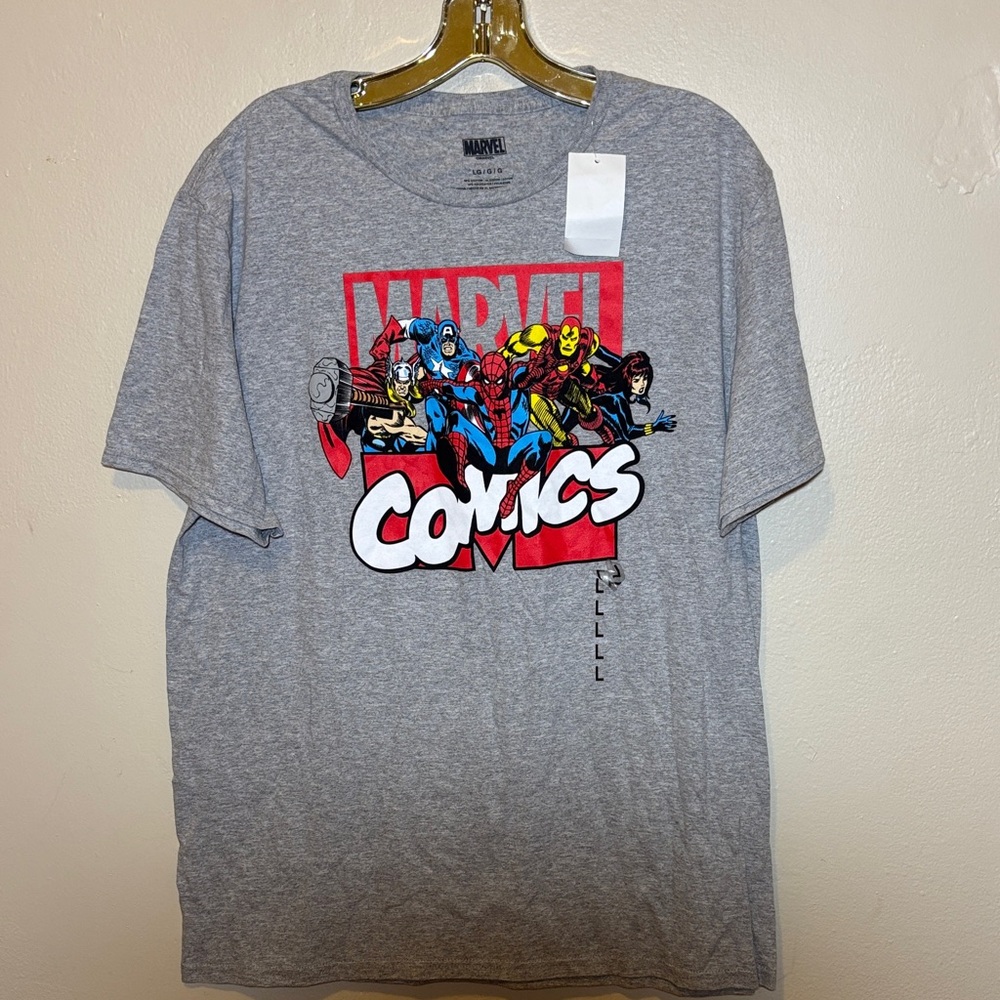 Marvel Gray T‑Shirt with Red, Blue and Yellow Superhero Graphic